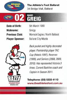 2011 Razza's Rookies - North Ballarat Roosters #NNO Marc Greig Back